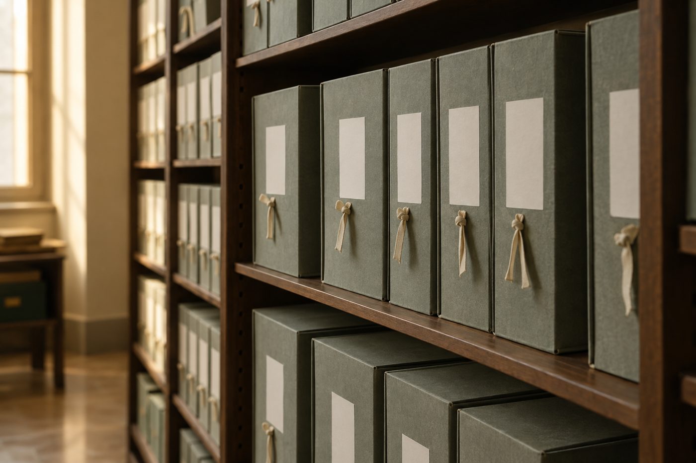 Faldoni di archivio allineati sugli scaffali di un deposito.