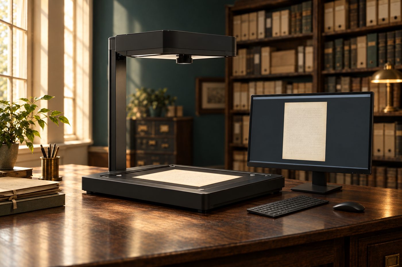 Scanner zenitale sopra un documento cartaceo, affiancato da un monitor che ne mostra l’immagine acquisita.